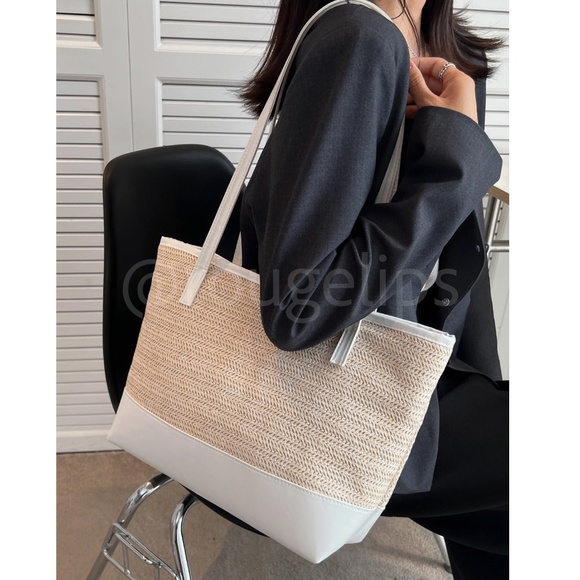 Large Tote Straw Bag Khaki Beige Lined White Faux Leather Details Zipper - Picture 3 of 8